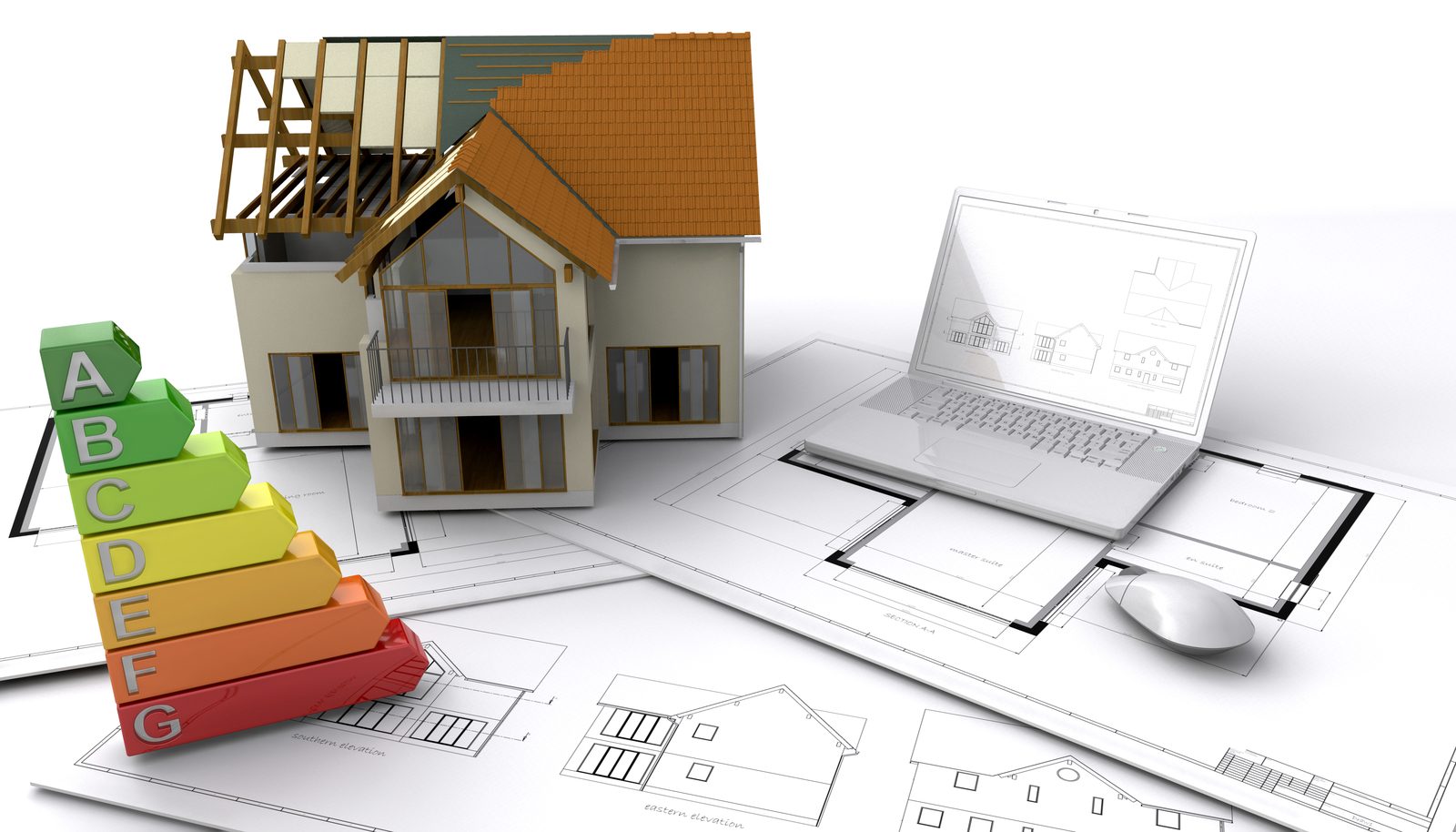 Certificazione energetica a Roma: classi energetiche da A a G accanto al modello di una casa